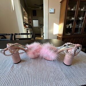 Dolls Kill Blush Pink Feathered Crystal Block Heel Sandals